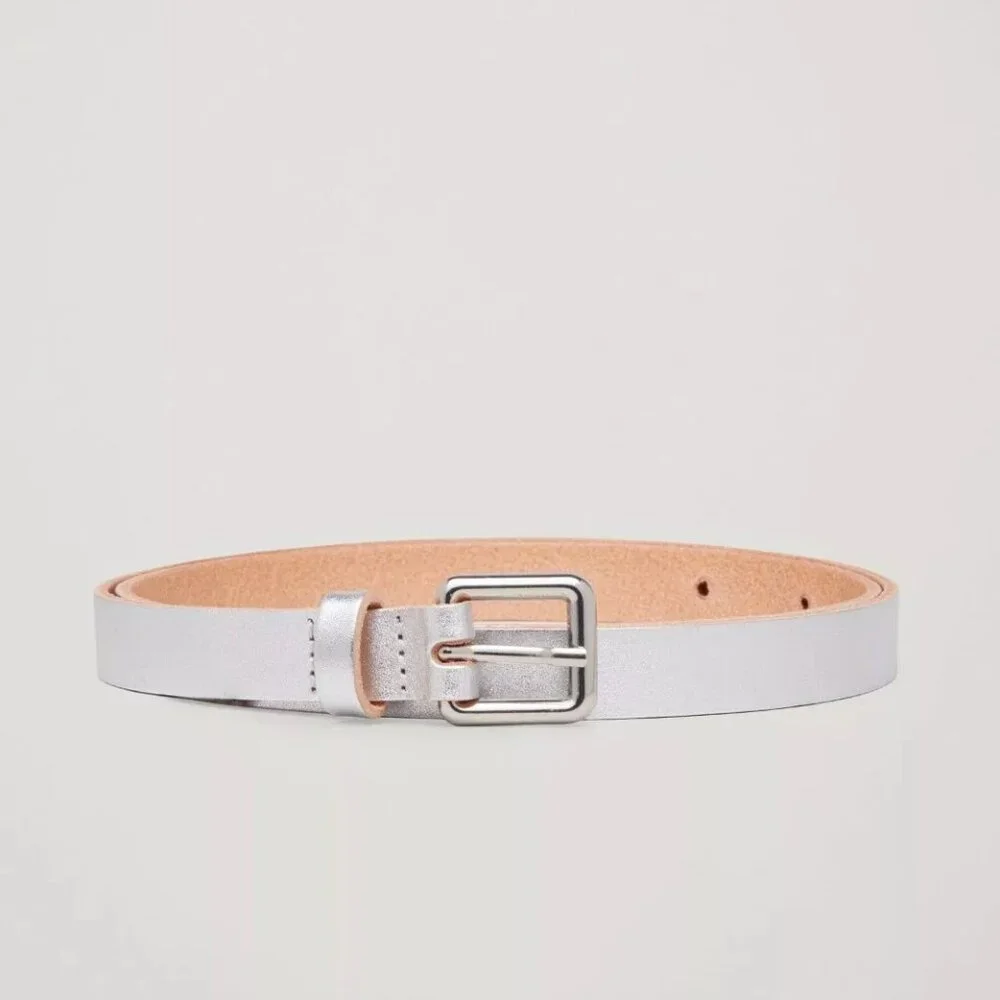 Women's silver leather belt by COS XS/S 36" long 27" -32" waist NWT - Picture 1 of 3